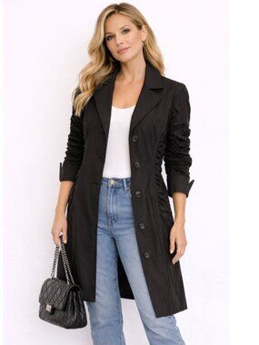 Joseph Ribkoff Black Ruched Sleeve Trench Button Front Coat size 10